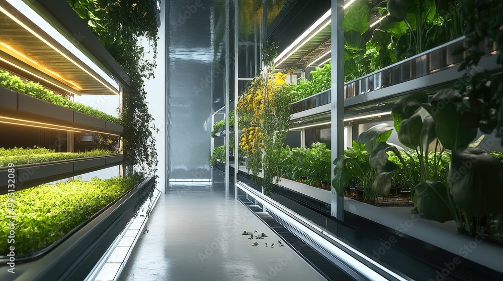 Poster modern vertical farm with automated lighting and watering systems.