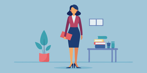 Business woman or secretary. Businesswoman stands in full growth holding a folder in her hands. Vector illustration
