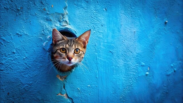 Curious cat peeks out of hole in wall against blue background, cat, curious, peeking, hole, wall, blue, background, pet