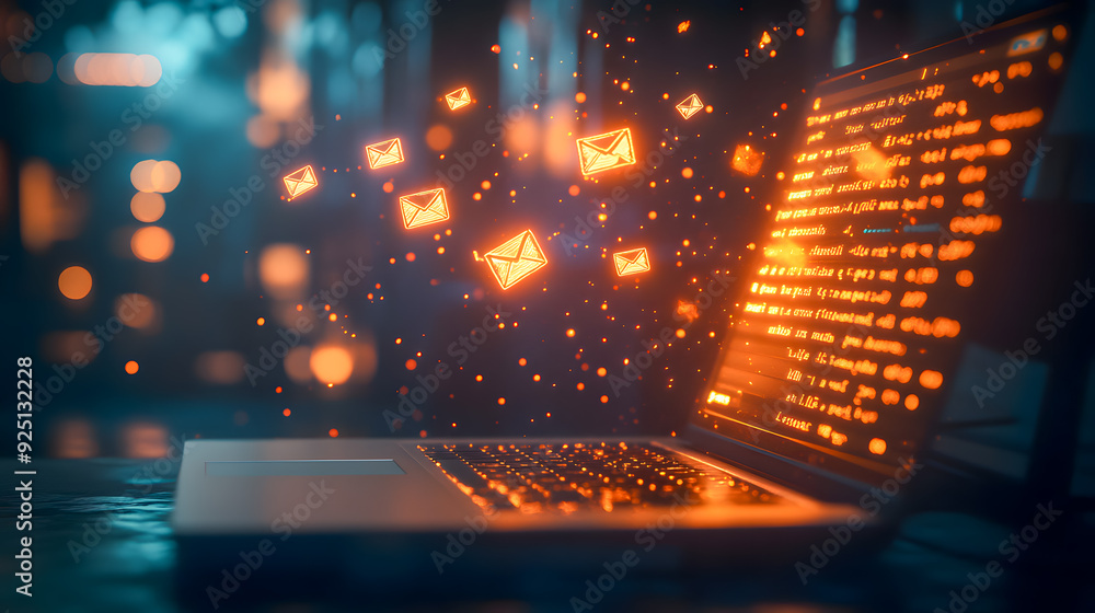 Poster futuristic digital landscape with glowing laptop and data streams flowing in the background represen