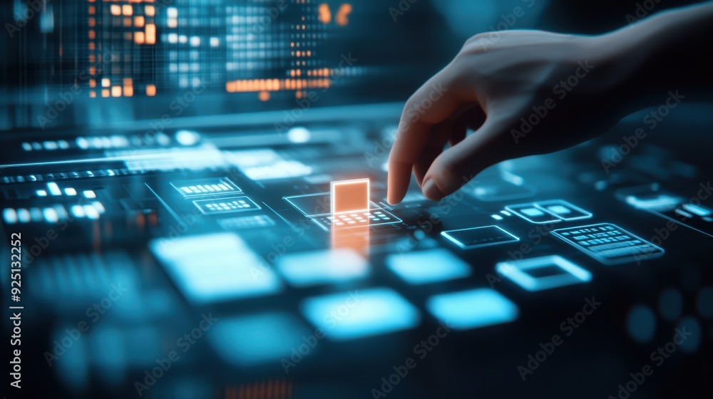 Poster futuristic hand interacting with a digital touchscreen interface, showcasing technology and innovati