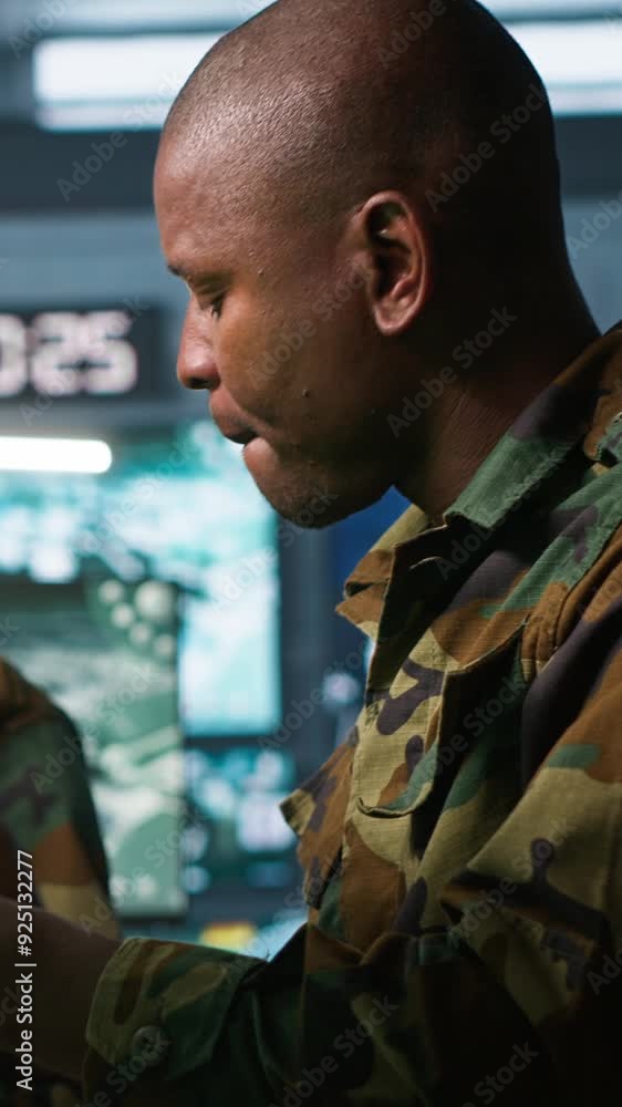 Poster vertical video teamworking military agents look at intel folder files on enemy battle formation. int