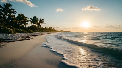 Latin American Sunset Beach with Mayan Art Elements, Spanish Heritage Charm, Serene Scene Illustration