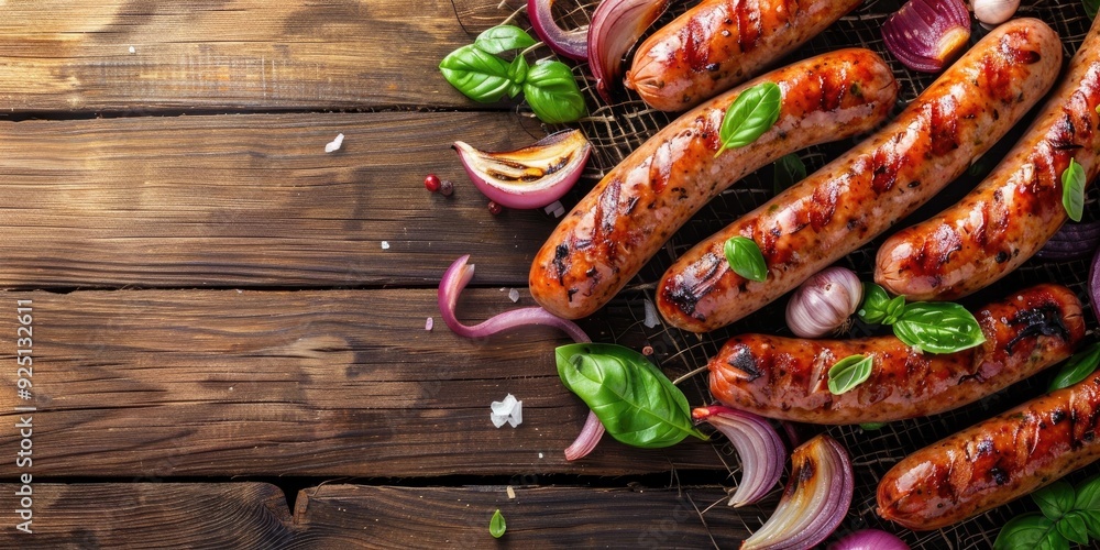 Poster top view of sausages with onions garlic and basil on a rustic wooden table with space for text