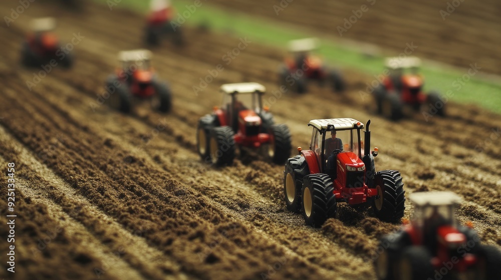 Aufkleber remote-controlled tractors working simultaneously in a massive field.