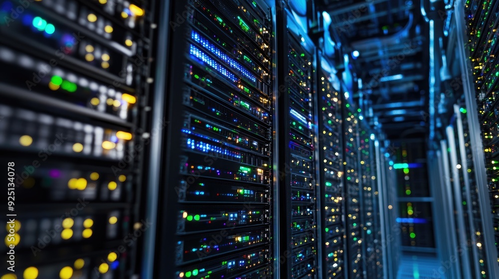 Poster rows of computer servers in a data center, managing vast amounts of information.