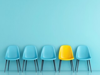 A vibrant yellow chair stands out among blue chairs against a turquoise wall, creating a playful and modern interior design.