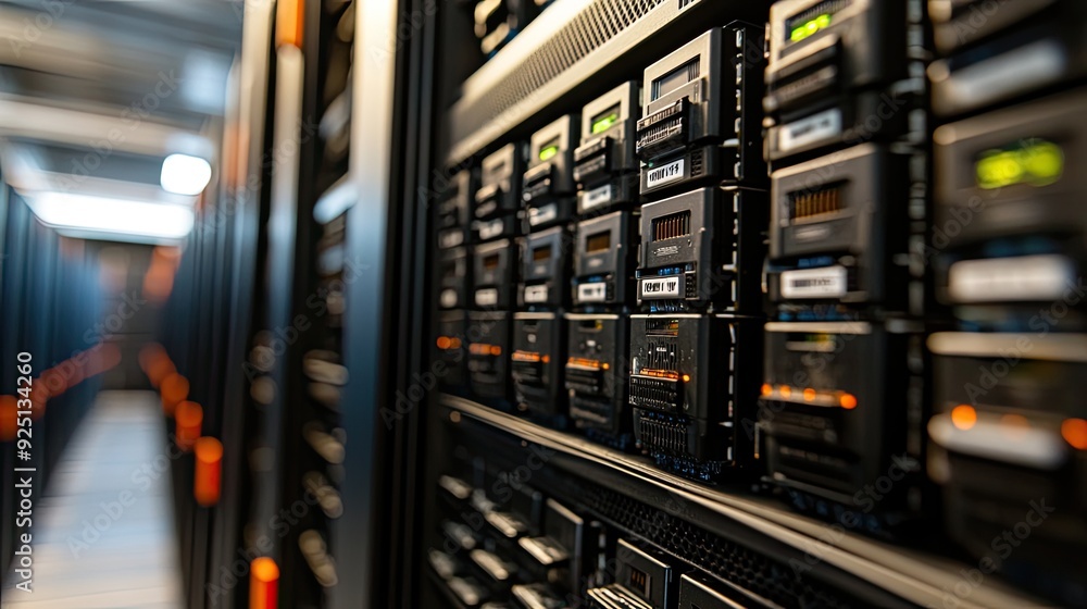 Poster rows of computer servers in a data center, managing vast amounts of information.