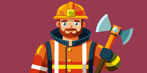 Firefighter man wearing protective uniform and helmet holding an ax in hand. Full length fireman with equipment
