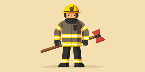 Firefighter man wearing protective uniform and helmet holding an ax in hand. Full length fireman with equipment
