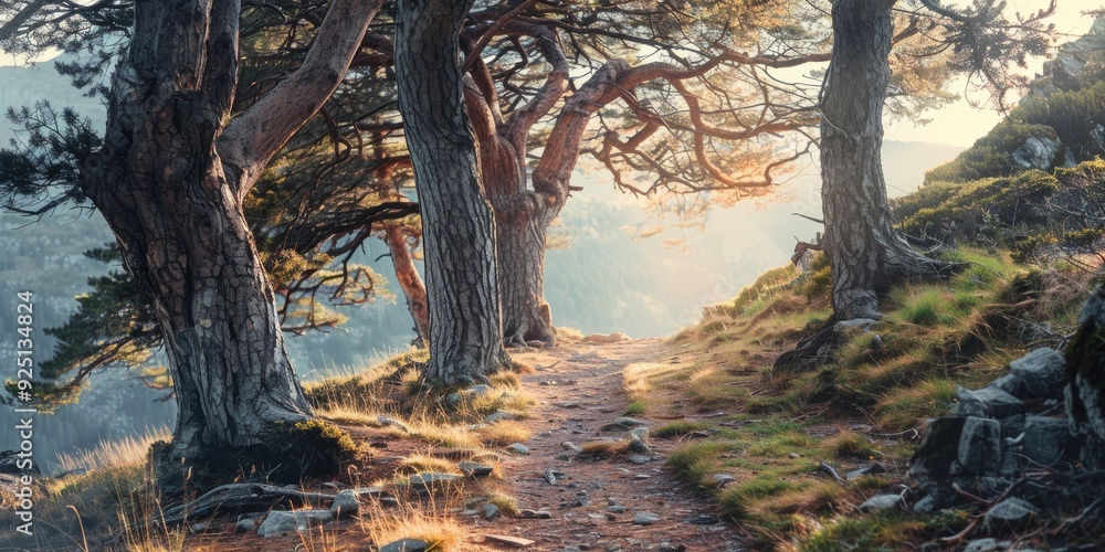 Poster scenic mountain path lined with towering ancient trees