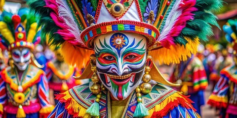 Naklejka premium Vibrant ghost mask with intricate designs and colorful feathers, worn during the Phi Ta Khon Festival in Dan Sai District, Loei Province, Thailand.