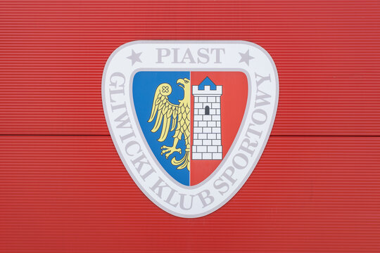 Piast Gliwice football club logo at Piotr Wieczorek Municipal Stadium. Gliwicki Klub Sportowy, Polish team logotype, emblem or badge on June 29, 2024 in Gliwice, Poland.