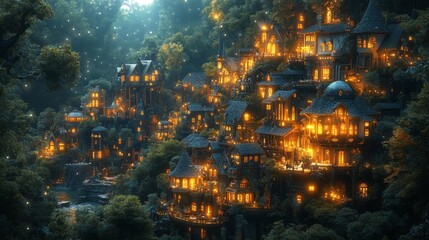 Enchanting forest village at night - generative ai