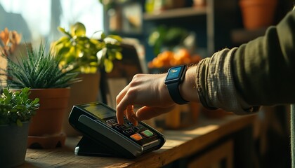 Shop Owner Completing a Payment with Smartwatch in a Cozy Coffee Shop Setting