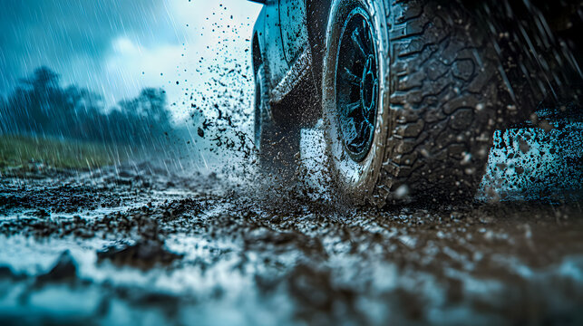 Offroading adventure through challenging muddy terrain and stormy weather conditions  An SUV powerfully navigating through the wilderness splashing through puddles and mud