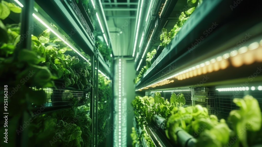 Poster vertical farming system with automated lighting and nutrient delivery.