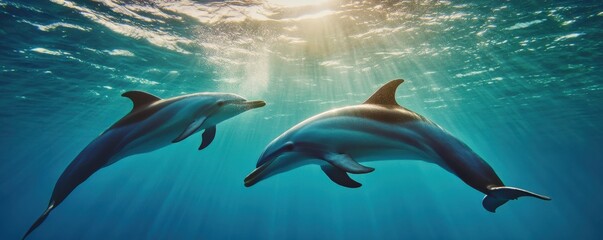 Two playful dolphins swim gracefully beneath sunlit ocean waters, showcasing their beauty and intelligence in a serene environment.