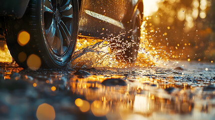 Close up view of a car tire rapidly speeding through a large puddle creating a dramatic splash of water and droplets against the wet asphalt road during a rainstorm  The vibrant
