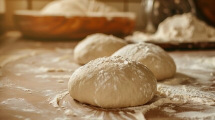 Obraz premium Image shows 3 pizza dough balls on a floured surface, with baking tools in the background, creating a peaceful home baking scene for pizza preparation.