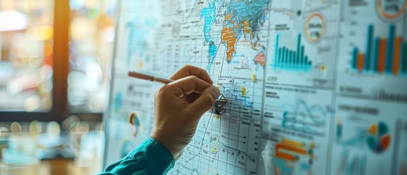 A professional analyzing global trends on a world map, accompanied by financial data displayed on a screen, highlights a focus on detailed financial analysis. - Powered by Adobe