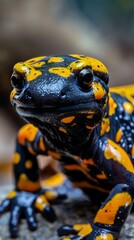 Obraz premium A colorful fire salamander on a grey rock stands out against a blurred green-and-brown background, highlighting its vivid hues and distinctive features.