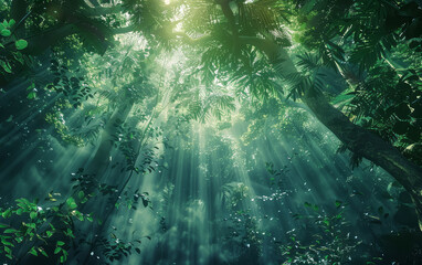 Sunlight shining into a dark, green forest landscape in the morning. Rainforest with tall trees. Nature concept. 