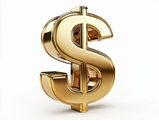 A golden realistic 3D-rendered dollar symbol "$" polished to a reflective shine isolated on a white background designed for easy die cut or background removal.