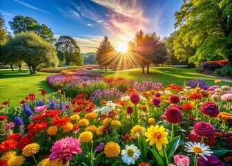 Obraz premium Vibrant multi-colored flowers bloom in abundance on the lush green grass, creating a stunning visual display of natural beauty in the sun-kissed park.