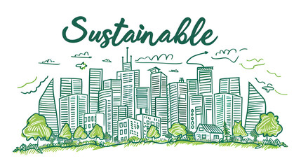 Sleek vector illustration of an urban cityscape with greenery, featuring skyscrapers and eco-friendly buildings, the words "Sustainable".