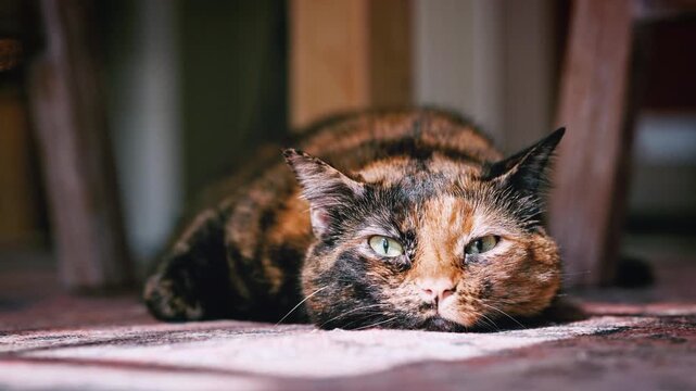 closeup footage of chubby tortoiseshell cat laying flat on floor	