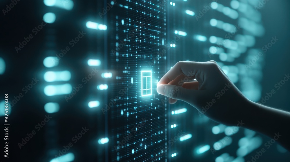 Poster a futuristic hand interacting with a digital interface, demonstrating advanced technology and data m