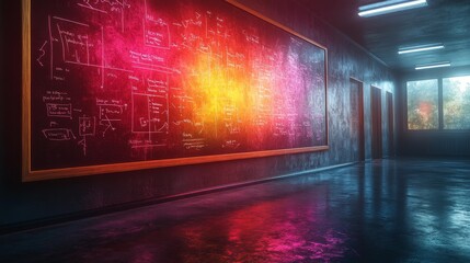 Abstract classroom with neon chalkboard - generative ai