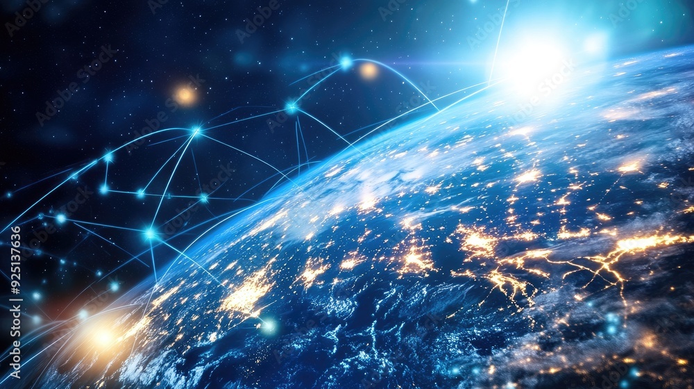 Poster abstract image of a global communication network, with interconnected points of light.