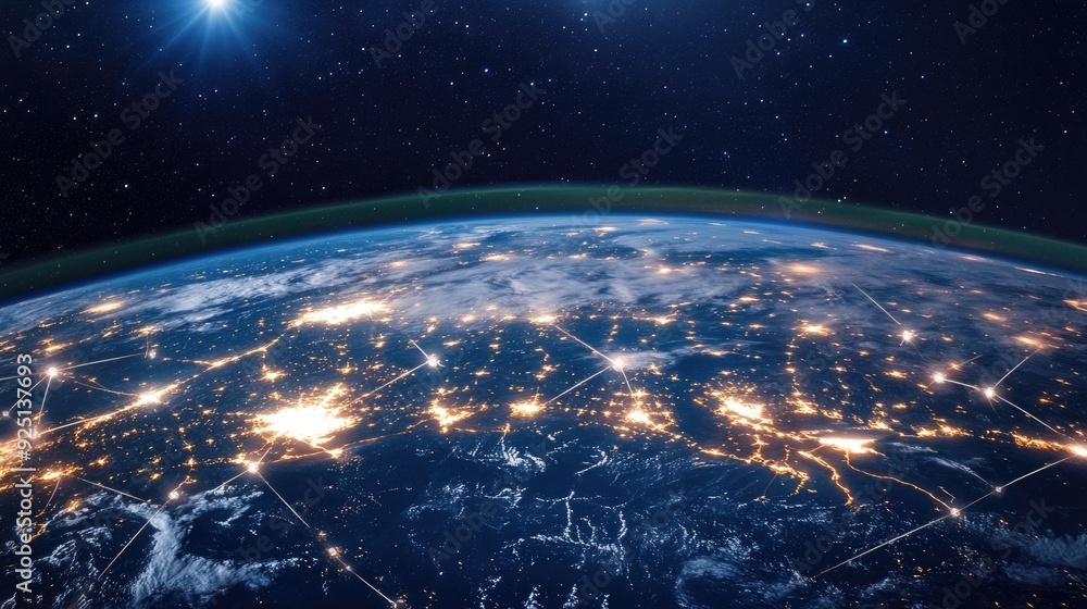 Poster abstract image of a global communication network, with interconnected points of light.