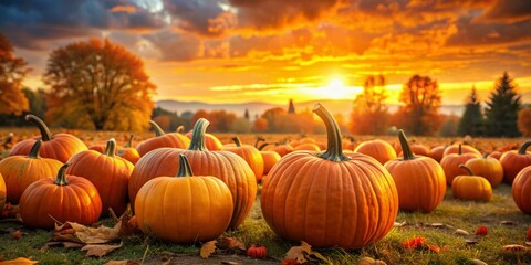 Vibrant orange pumpkins dot a serene autumn landscape at sunset, evoking warmth and coziness, perfect for festive celebrations of Thanksgiving and Halloween season.