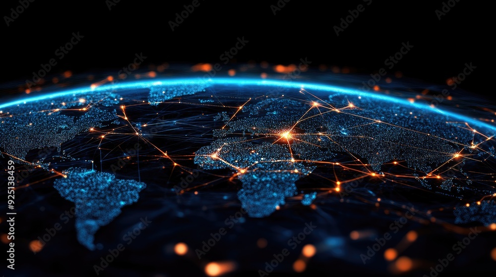 Poster abstract representation of a global communication network, with interconnected nodes.
