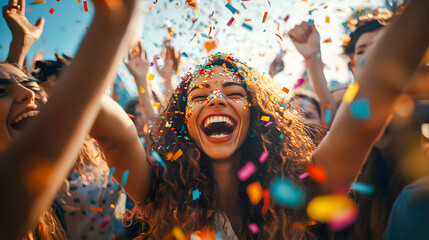 Obraz premium with a dynamic crowd of people throwing colorful confetti in the air expressing pure joy and happiness during a lively festival or party event