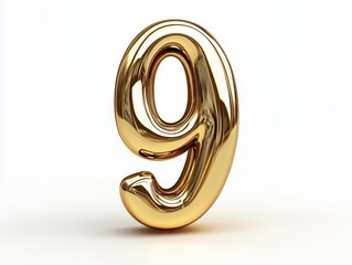 Shiny golden number nine isolated on white background.
