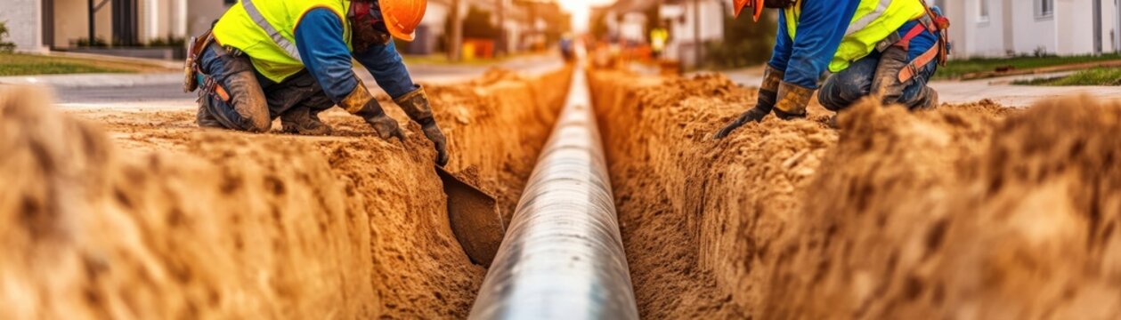 Construction workers digging a trench for pipes in a residential area, showcasing teamwork and infrastructure development.