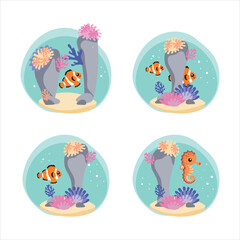 Sea themed set, coral reef, fish, seahorse on the seabed. Cartoon characters for children of the book.