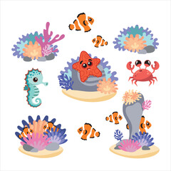 Sea set, coral reef, fish, sea horse, crab and bottom fish. Cartoon characters for children book.