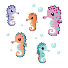 Sea skates, set. Set of colored cartoon style seahorses. © Natallia