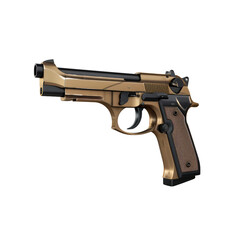 Gold and black semi-automatic pistol isolated on black background.