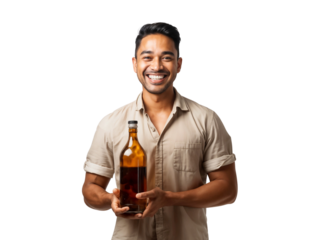Portrait of a smiling man holding a bottle of wine, isolated on a transparent background