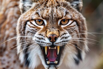 Obraz premium Close up portrait of a eurasian lynx snarling and showing its teeth