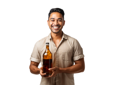 Portrait of a smiling man holding a bottle of wine, isolated on a transparent background