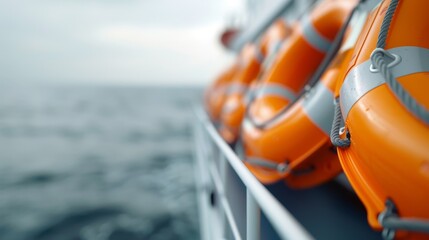 Fototapeta premium A ship's deck is wet and has orange life preservers on it