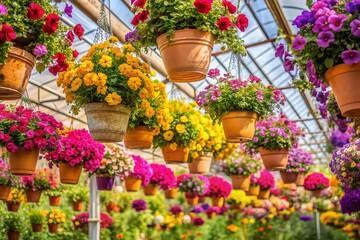 Vibrant pink, yellow, and purple flowers spill from plastic pots, suspended from the ceiling of a lush, serene greenhouse, bathed in warm, natural light.