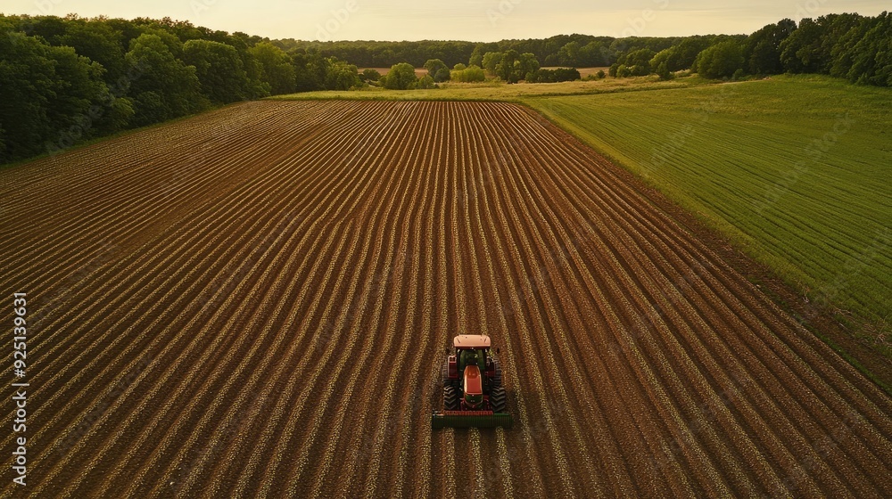 Poster advanced machinery planting seeds in perfectly aligned rows in a large field.